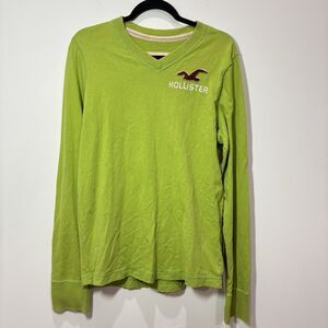 Hollister Y2K  V-Neck T-shirt Men Large Lime Green Logo Spellout Preppy Vintage